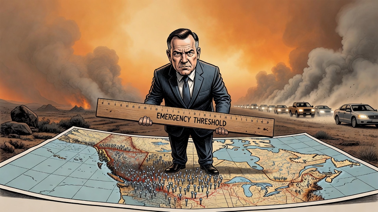 Editorial cartoon showing a wildfire map of British Columbia covered with evacuation markers while a political figure holds an emergency threshold ruler