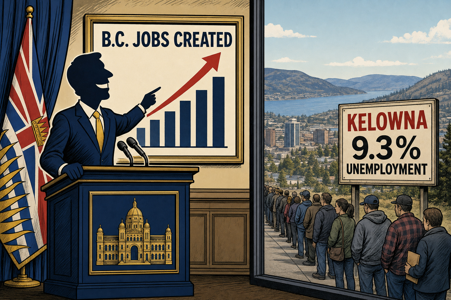 Editorial cartoon showing a Victoria jobs podium in front of a Kelowna unemployment line marked 9.3 percent