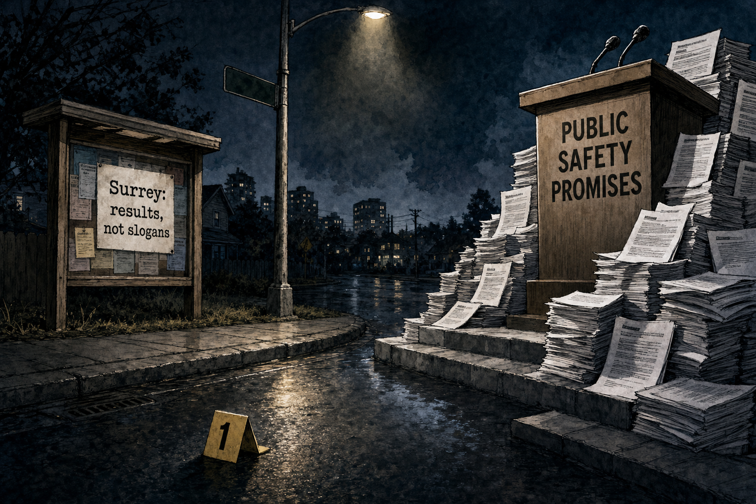 Editorial cartoon about Surrey public safety promises needing measurable results after firearm incidents