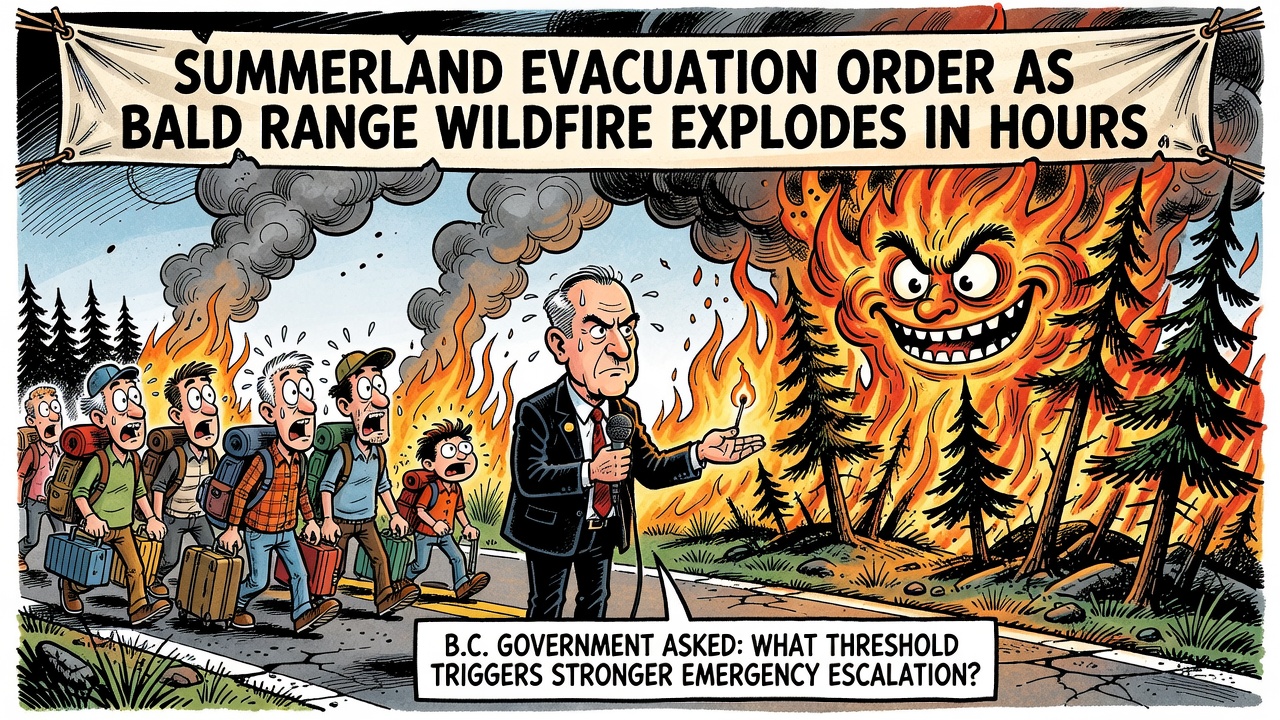 Editorial cartoon about Summerland evacuating as the Bald Range wildfire grows rapidly while B.C. leaders face questions about emergency escalation