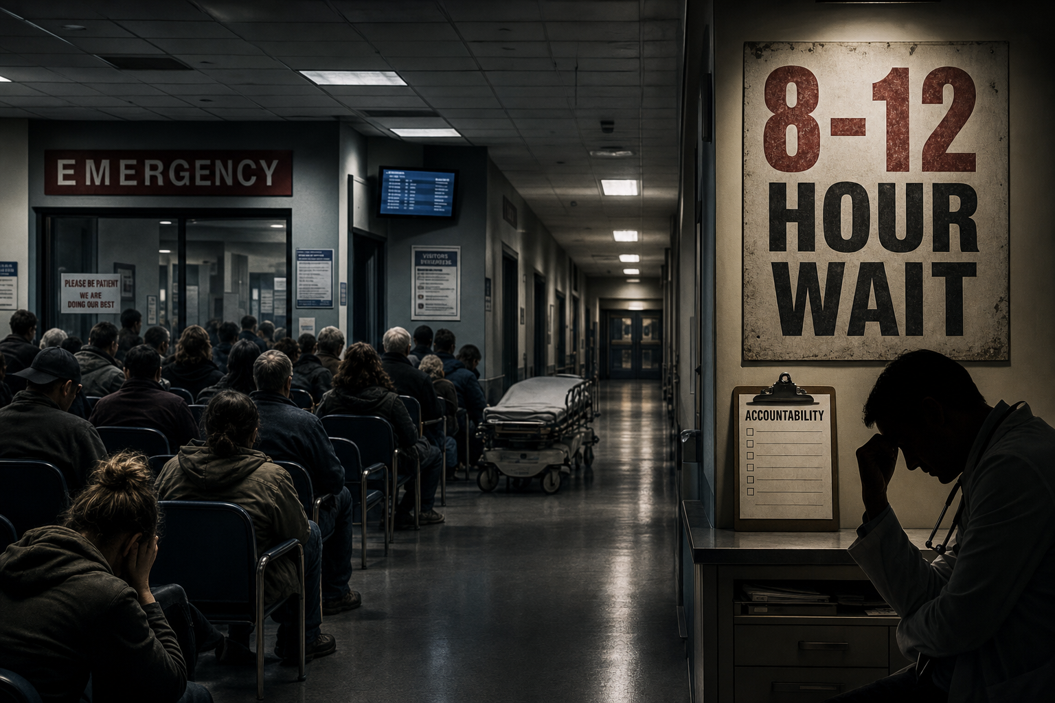 Editorial illustration of a crowded emergency room with chairs, a hallway stretcher and a wall sign about long waits