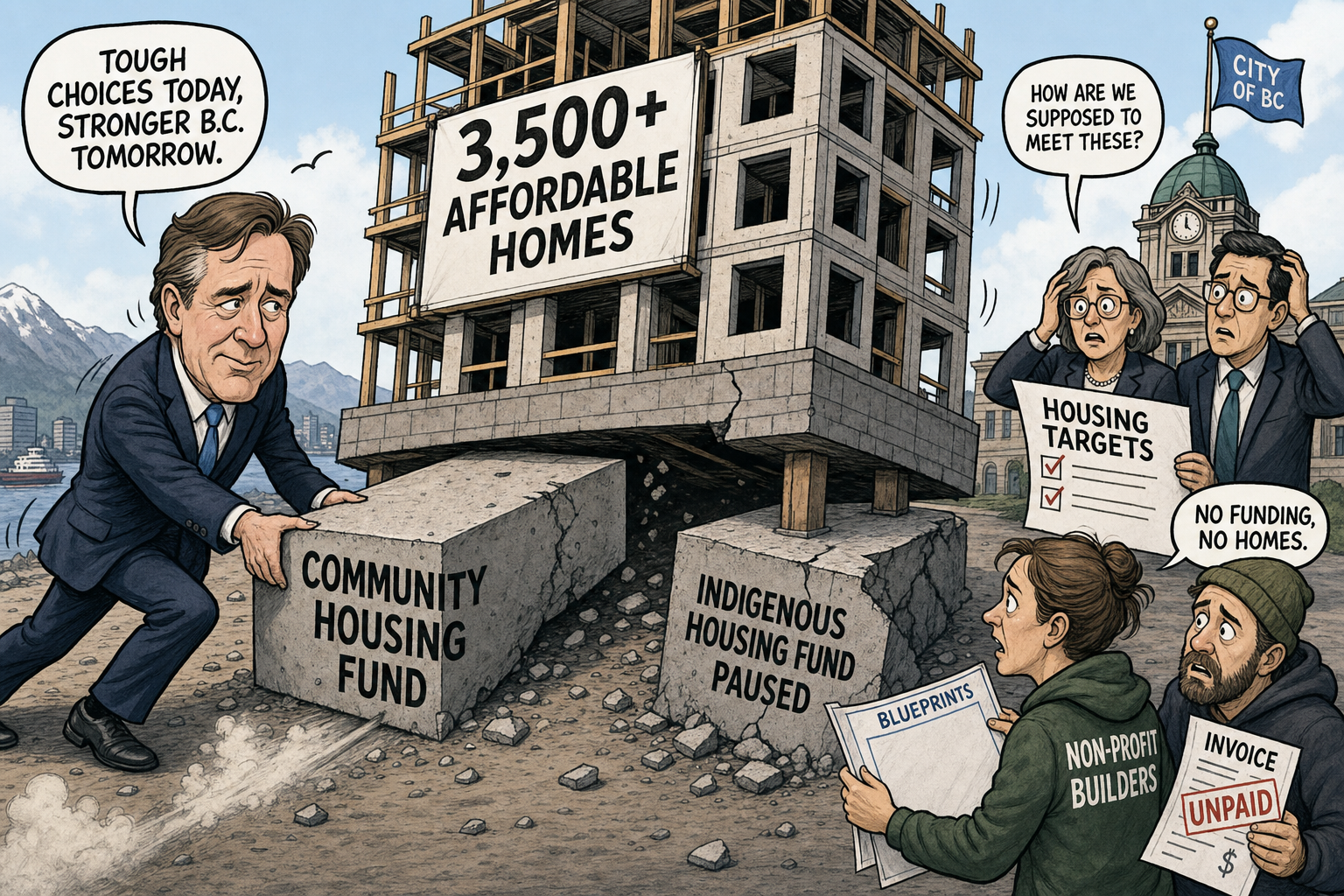 Editorial cartoon showing a premier figure pulling the Community Housing Fund foundation block from under planned affordable homes while city halls hold housing targets