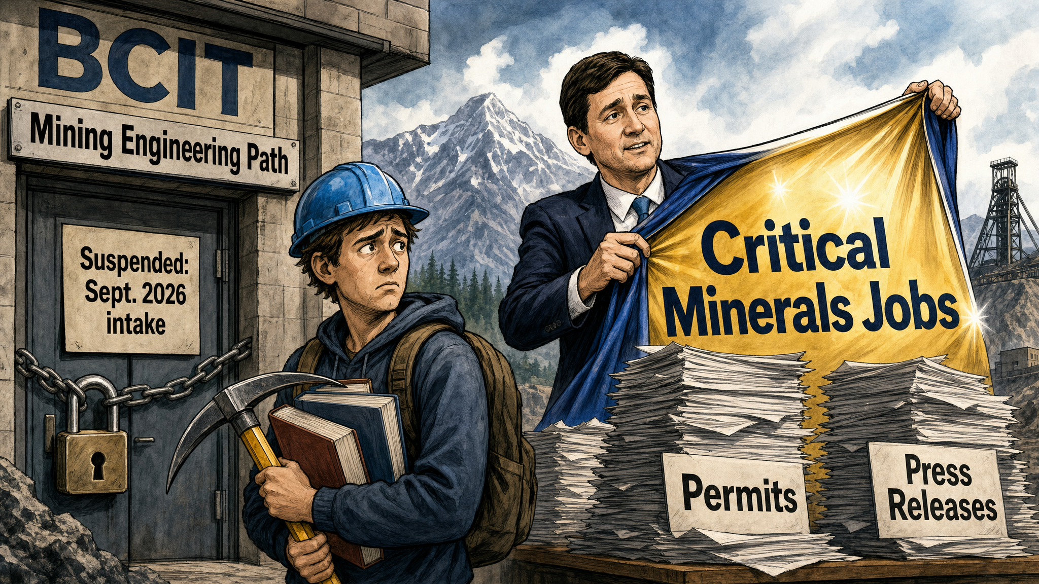 Editorial cartoon showing a hard-hat student outside a locked BCIT mining engineering classroom while a politician unveils a critical minerals jobs banner