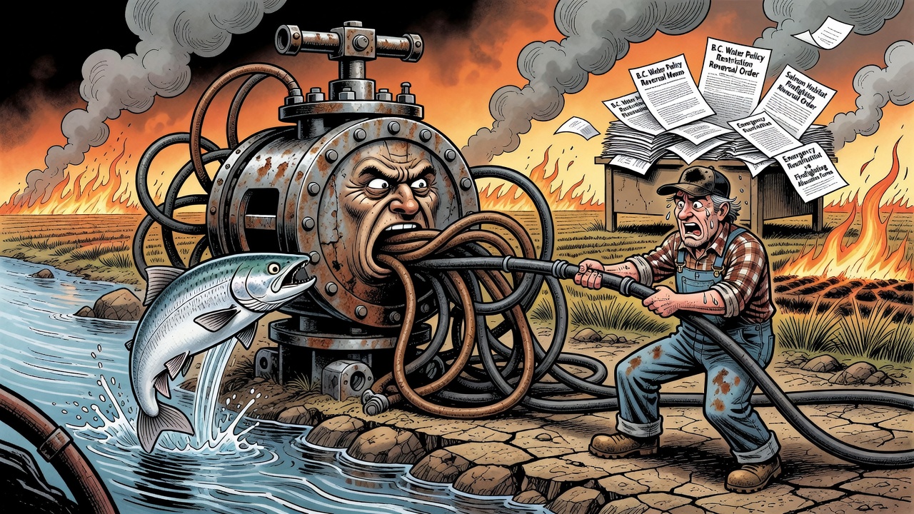 Editorial cartoon showing a rural irrigation valve caught between salmon protection and wildfire firefighting needs while government paperwork piles up