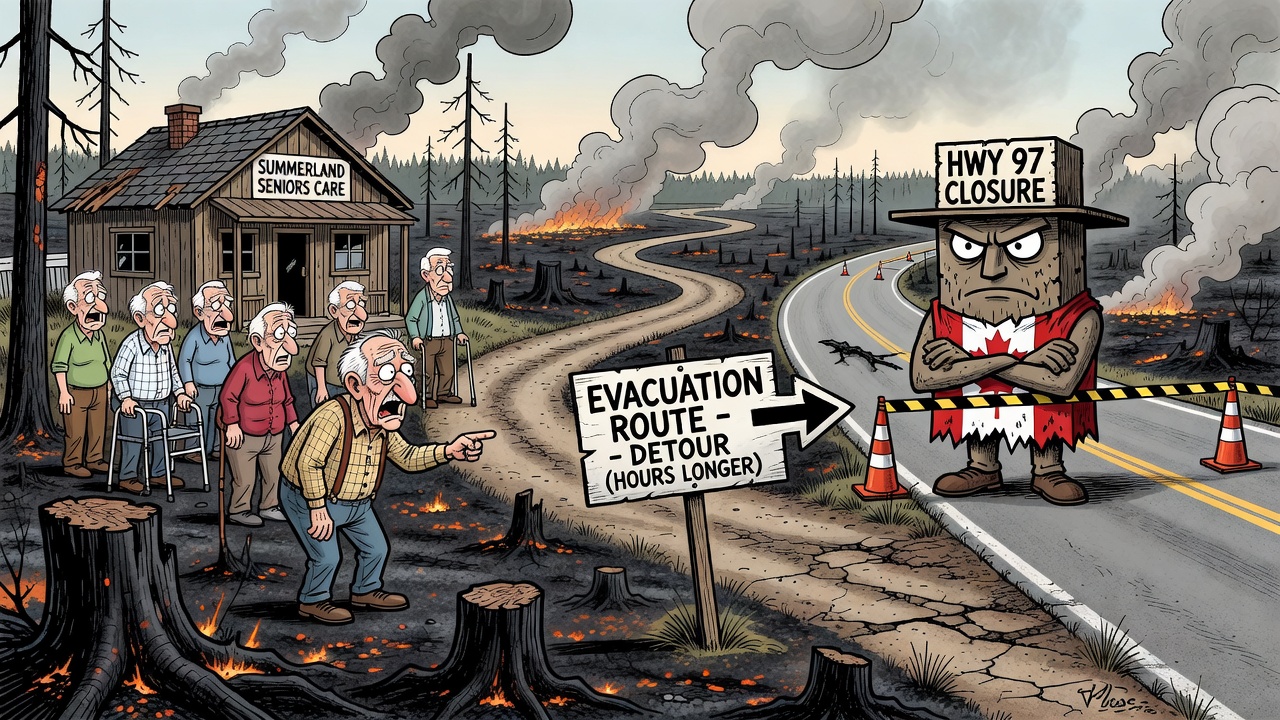 Editorial cartoon showing seniors-care evacuees taking a long wildfire detour while health-system emergency plans lag behind
