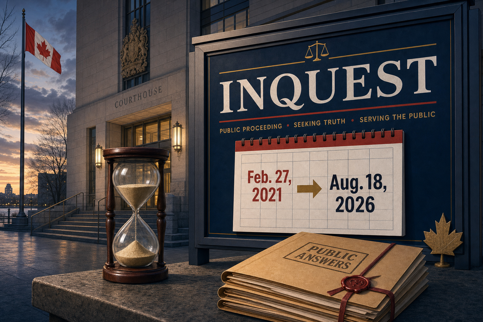 Editorial illustration of a courthouse, inquest notice, hourglass and calendar marking the years between February 27, 2021 and August 18, 2026
