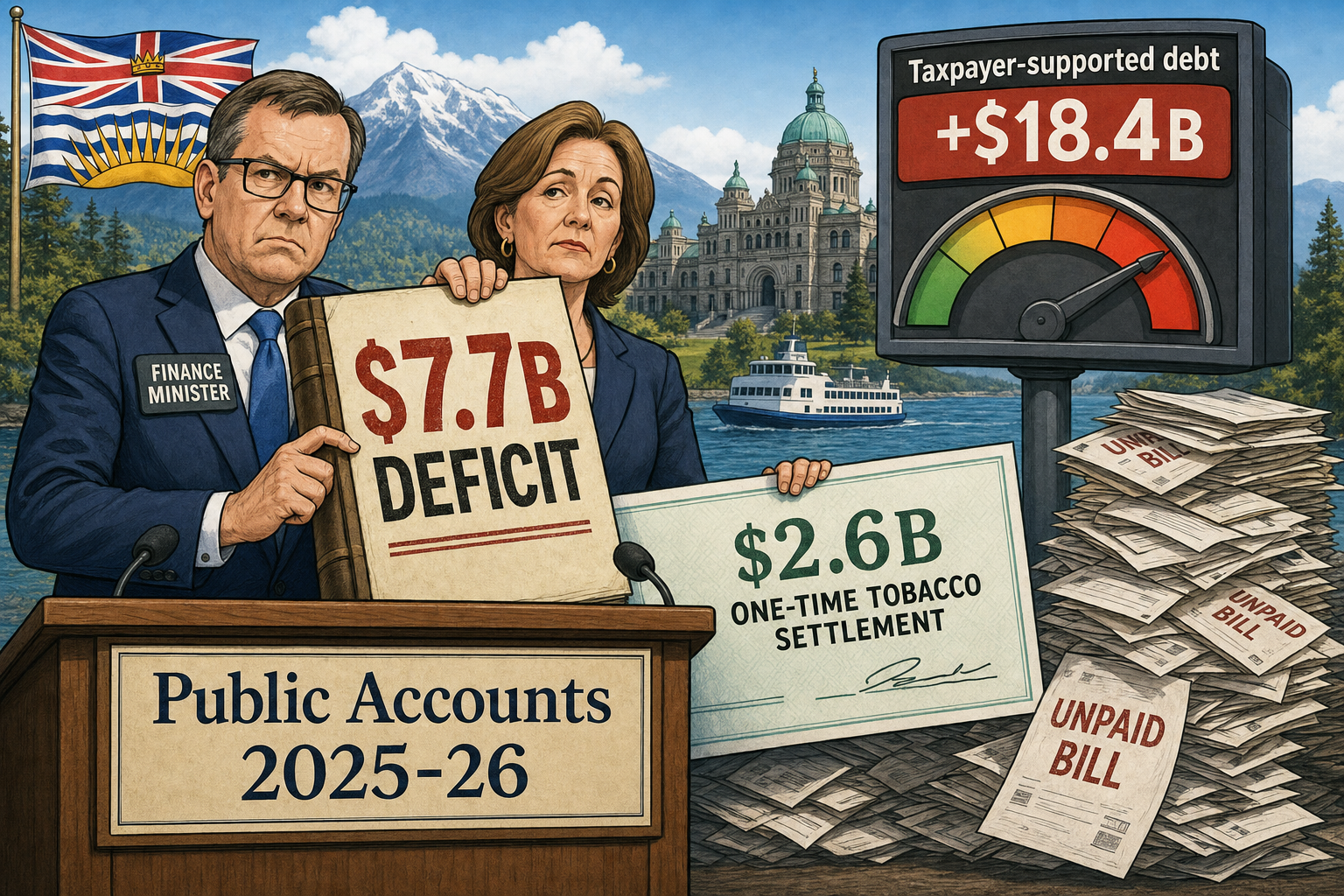Editorial cartoon showing a B.C. public accounts ledger with a $7.7-billion deficit, a hidden $2.6-billion one-time tobacco settlement cheque and rising taxpayer-supported debt
