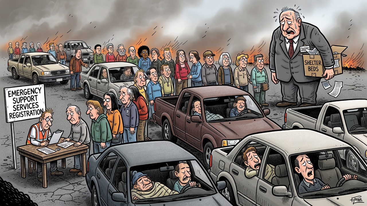 Editorial cartoon showing wildfire evacuees facing long emergency-support registration lines while shelter capacity strains