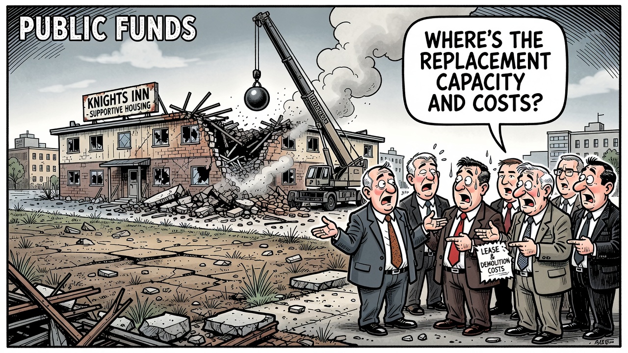 Editorial cartoon showing a former Prince George motel supportive-housing site being demolished while officials carry incomplete cost and replacement-capacity ledgers