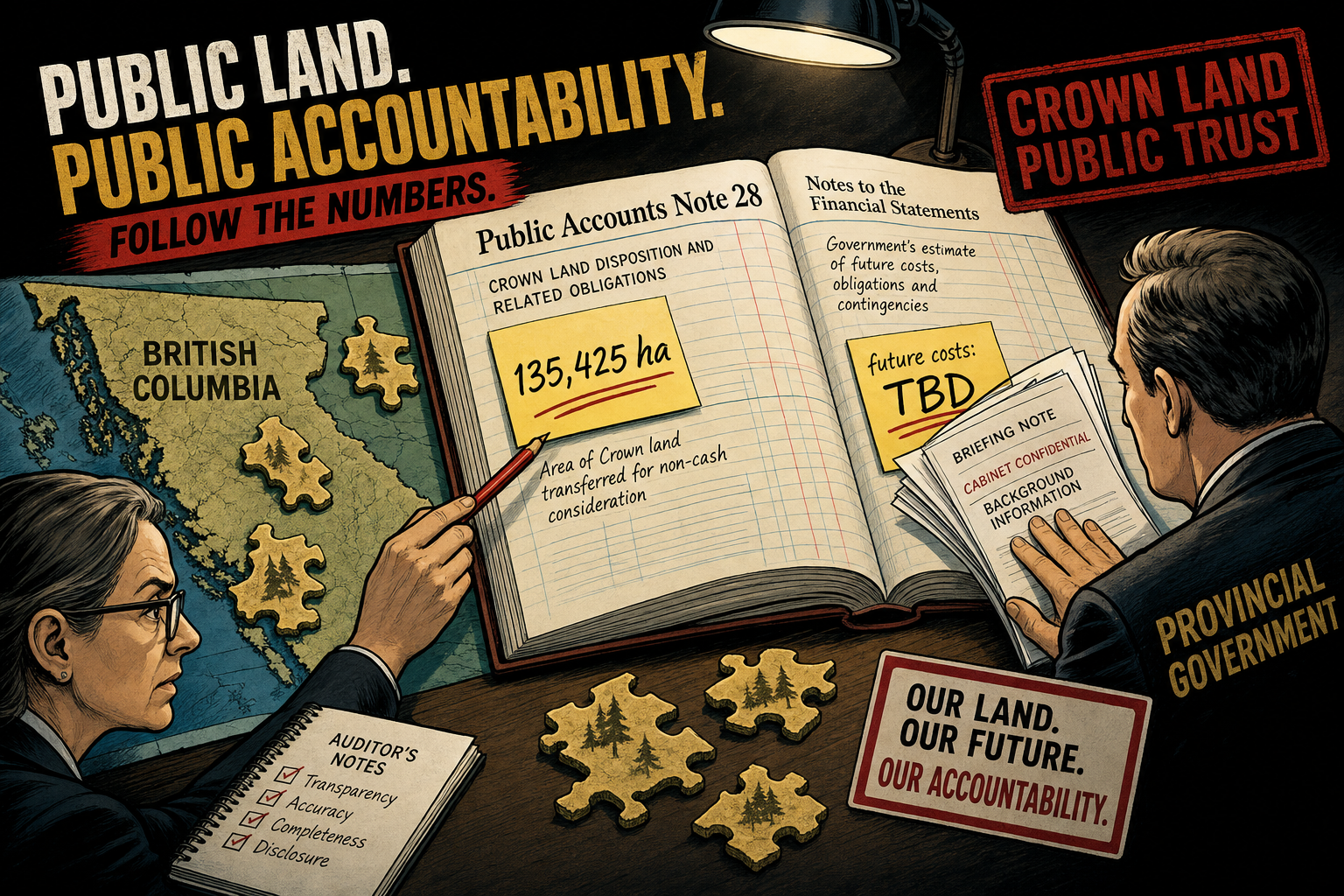 Editorial cartoon showing a Public Accounts Note 28 ledger with B.C. Crown land parcels, 135425 hectares and future costs marked TBD