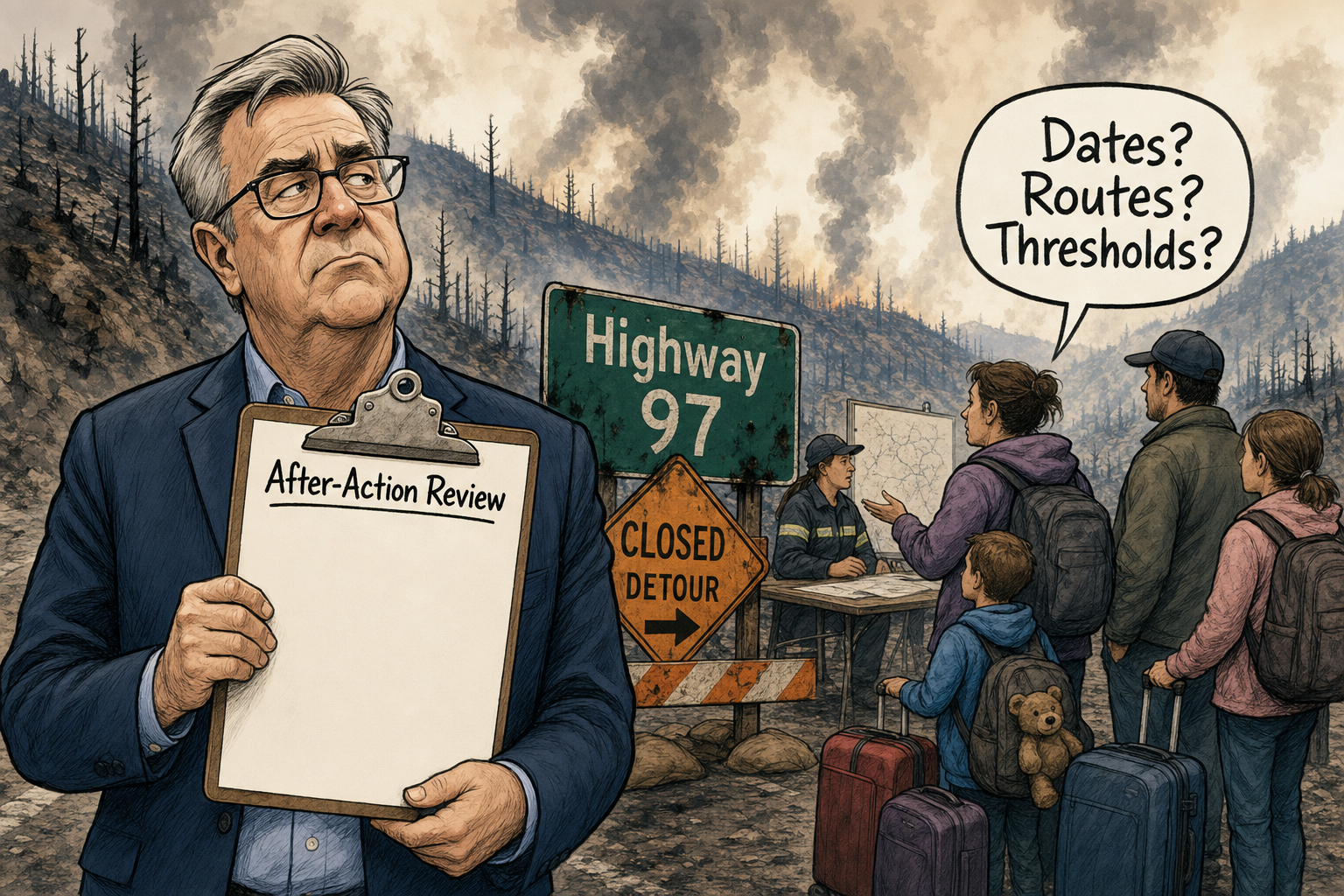 Editorial cartoon of a generic B.C. premier figure holding a blank after-action review clipboard beside a closed Highway 97 detour sign while evacuees ask for dates, routes and thresholds.