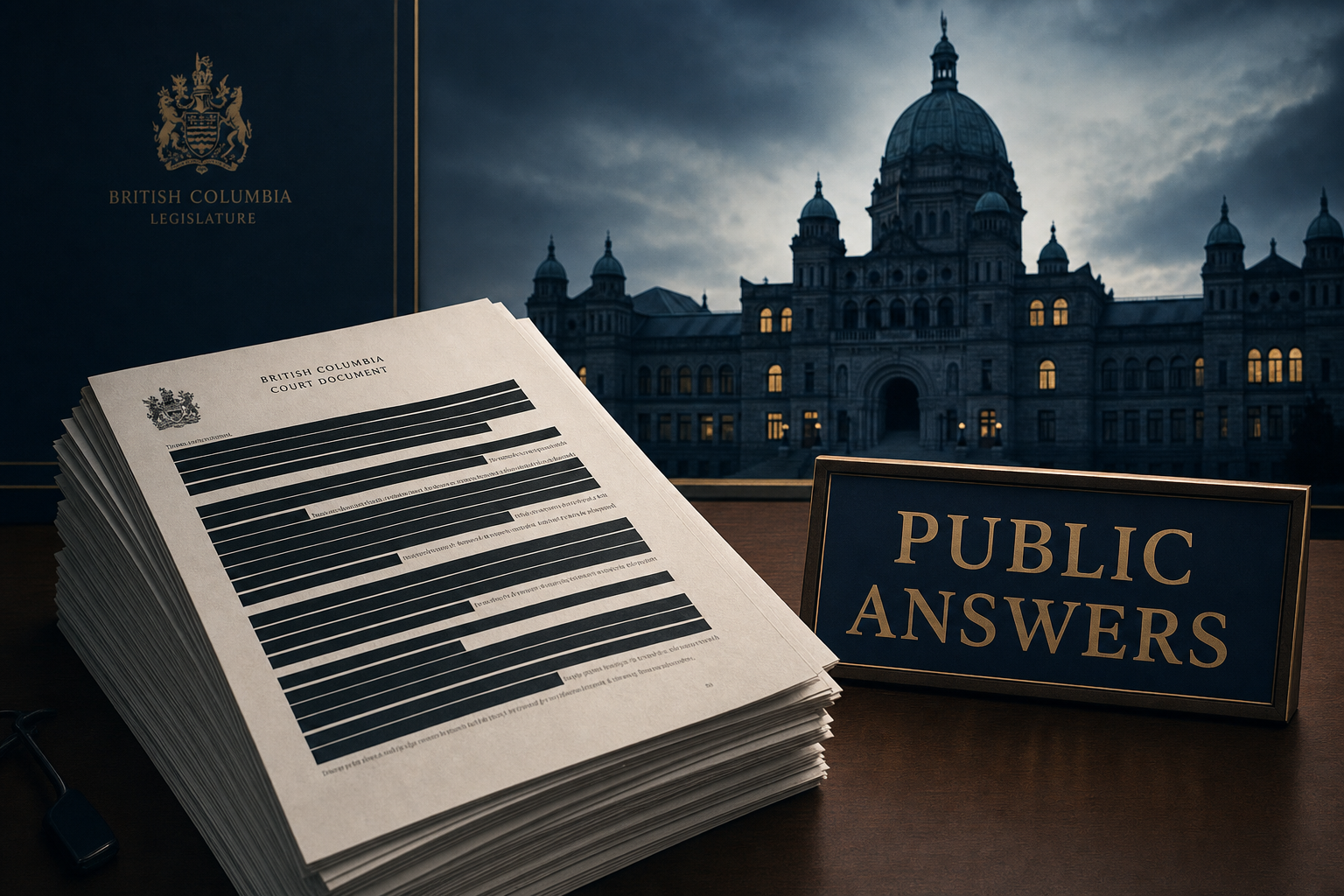 Sober editorial illustration of heavily redacted court documents beside a Public Answers sign and the B.C. legislature silhouette.