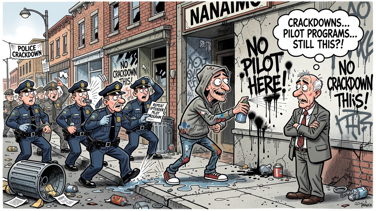 Political cartoon about downtown Nanaimo vandalism, police enforcement and B.C.’s repeat-offender pilot program.