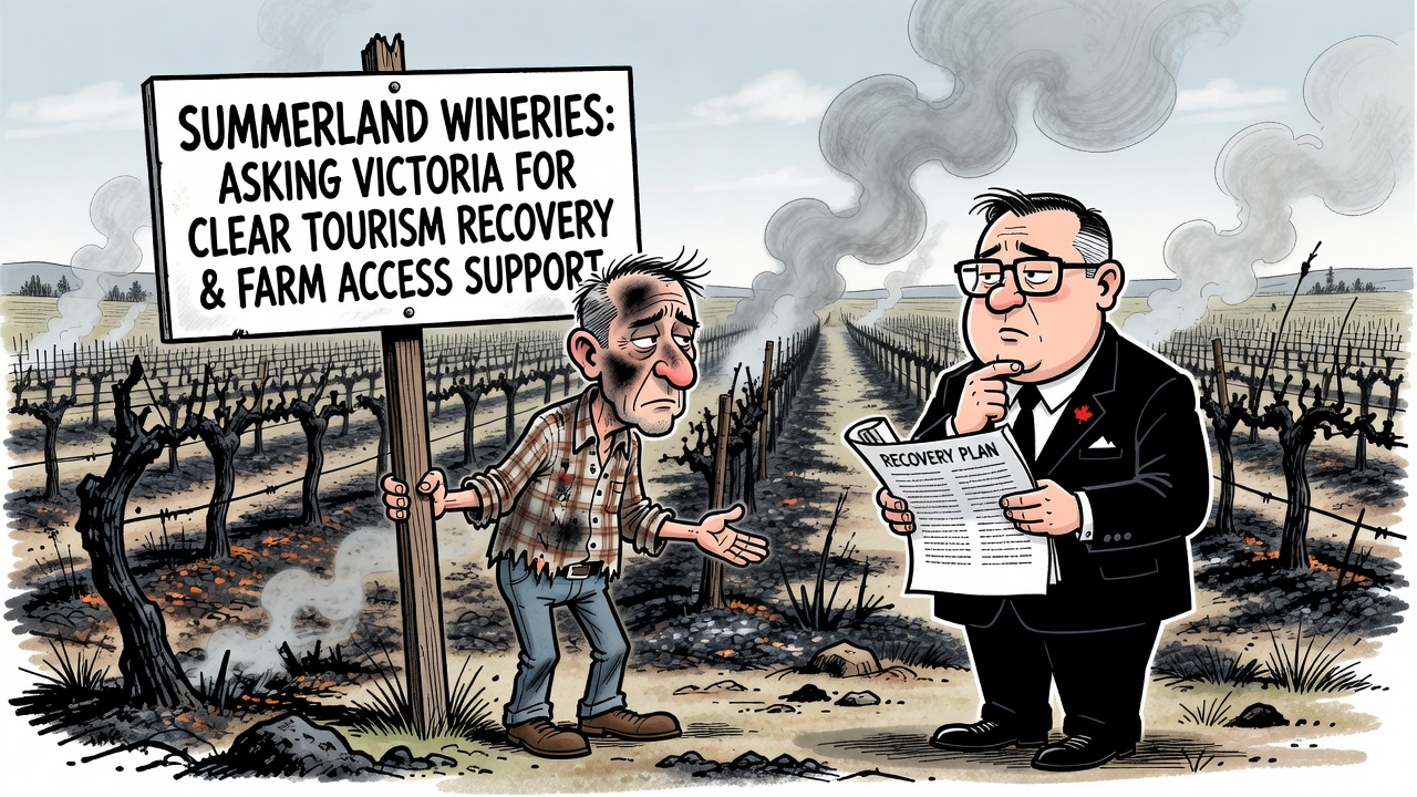 Political cartoon about Summerland wineries, wildfire disruption and a missing provincial recovery plan for tourism and farms.