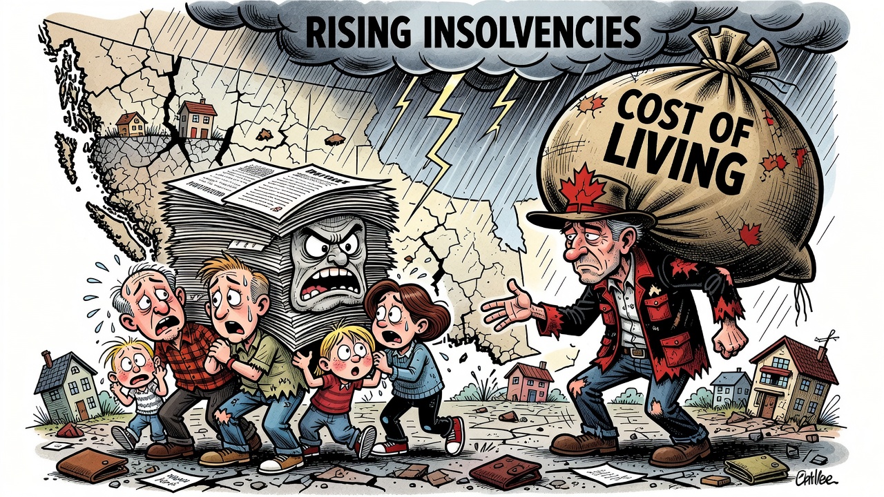 Political cartoon about B.C. household insolvencies rising under cost-of-living pressure.