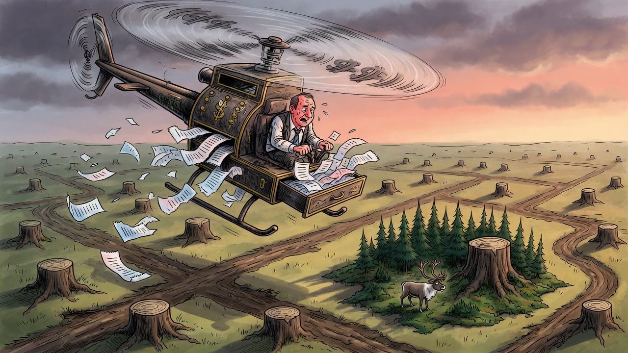 Editorial cartoon of a cash-register helicopter dropping invoices over clearcut caribou habitat