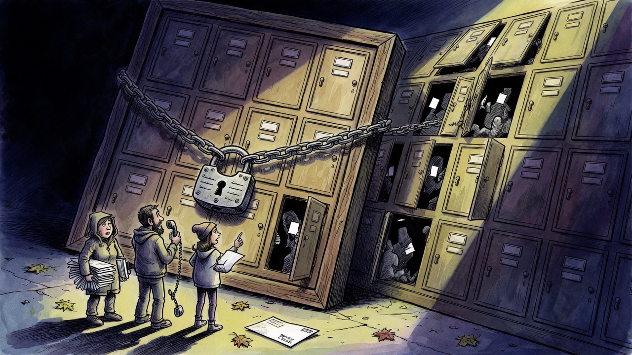 Editorial cartoon of a locked government directory maze blocking citizens from accountable offices