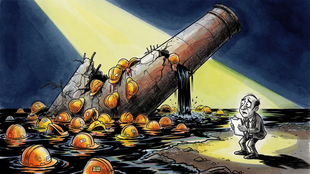 Editorial cartoon of a darkened coastal pulp mill scene with empty hard hats in the foreground and a worried minister holding a small clipboard