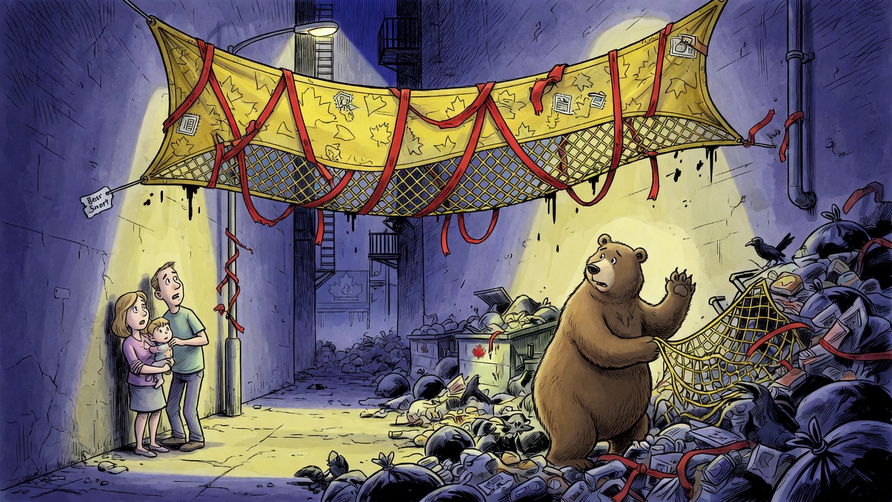 Editorial cartoon of a tangled Bear Smart safety net and red tape between a worried family and a bear near overflowing garbage