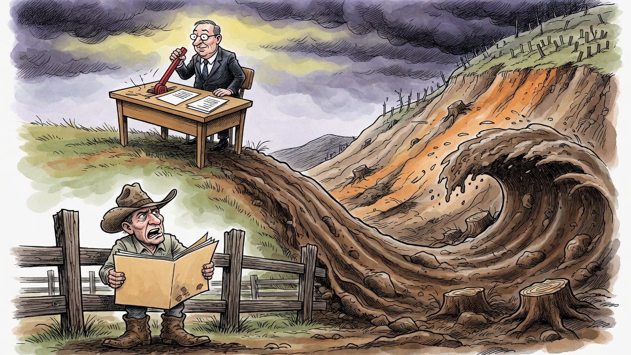 Editorial cartoon of a Chilcotin rancher facing a mud wave rolling down from land-management decisions upstream