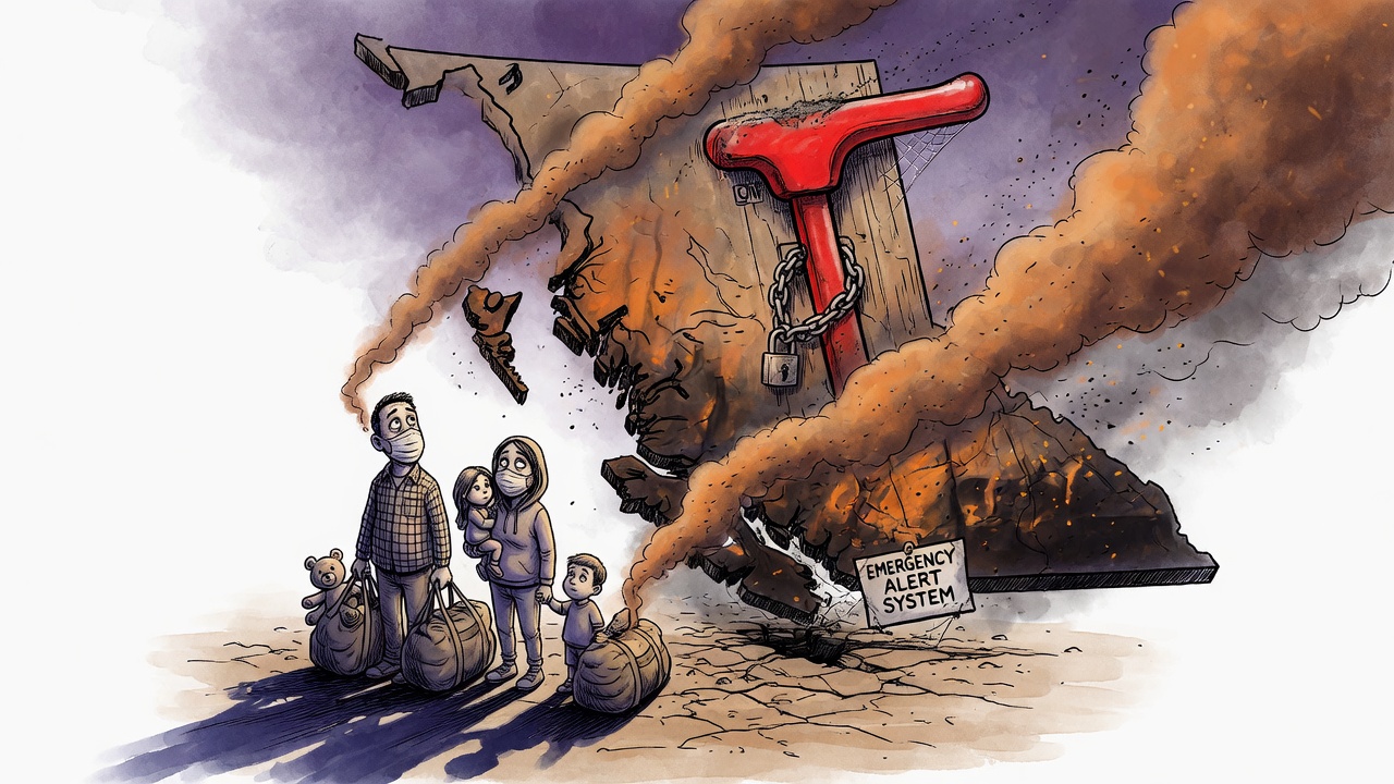 Editorial cartoon of evacuees beside packed bags under an unused emergency lever as wildfire smoke looms over British Columbia