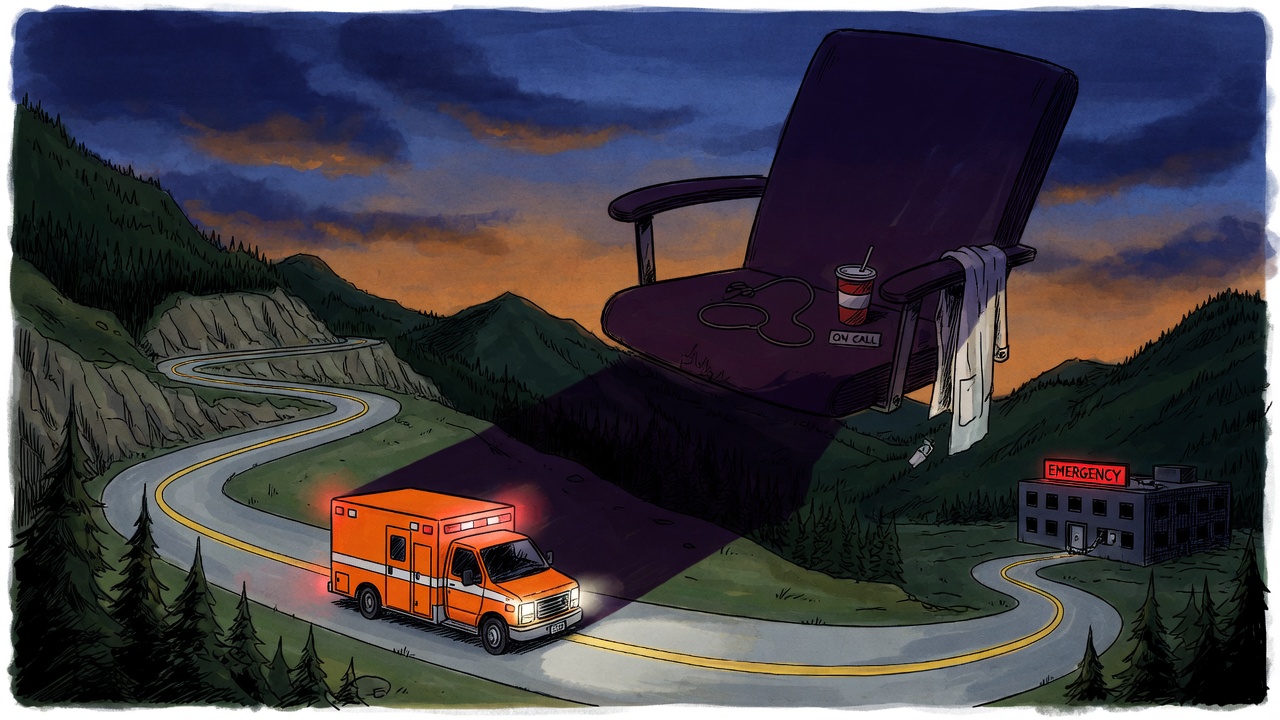 Editorial cartoon of a dark rural emergency room, a tiny ambulance on a long mountain road, and an empty on-call chair looming above