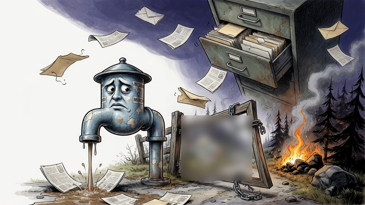 Editorial cartoon of a worried water tap near a broken watershed gate, small forest fire and overflowing government paperwork