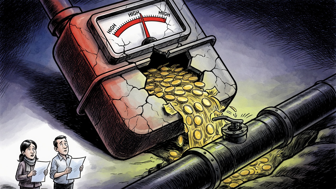 Editorial cartoon of a cracked B.C. budget ledger leaking gas-royalty coins into a pipeline
