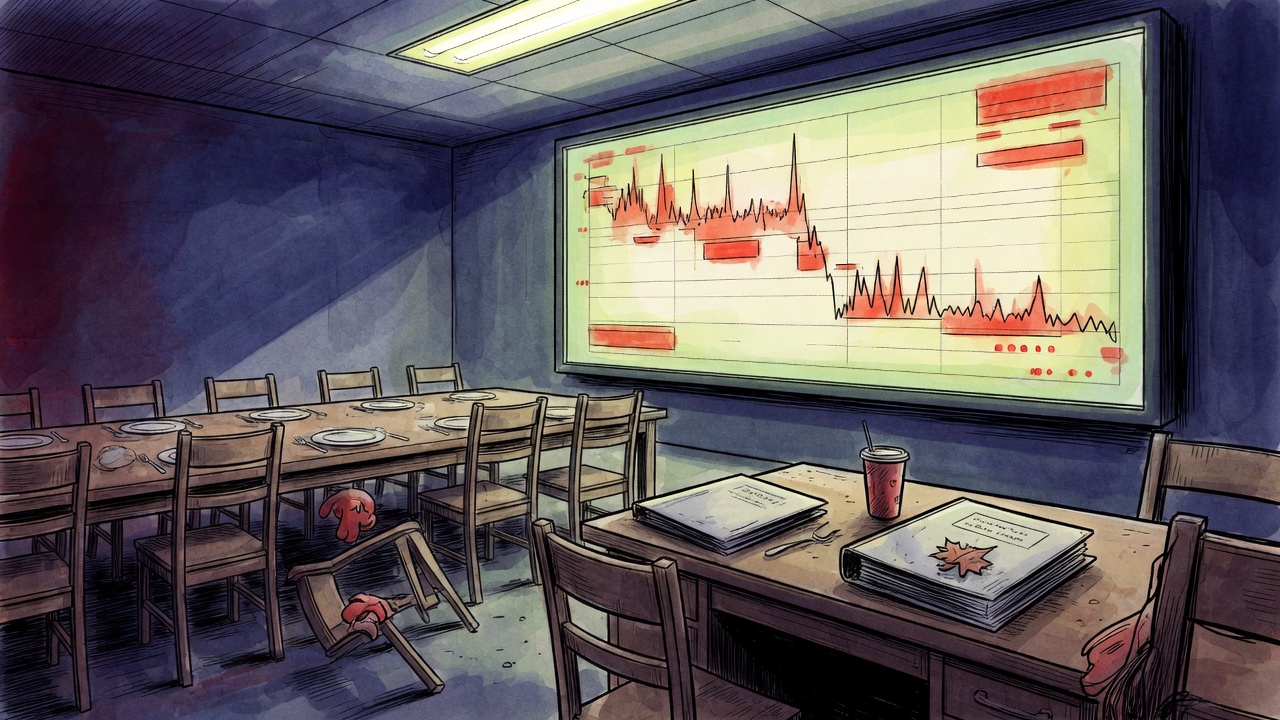 Editorial cartoon of a sombre government command room with a glowing crisis dashboard, rows of empty dinner chairs, and an unopened strategy binder on a desk