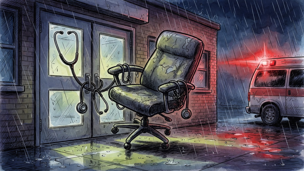 Editorial cartoon of an empty doctor chair and stethoscope blocking a small-town emergency room entrance at night while an ambulance light reflects on rainy pavement
