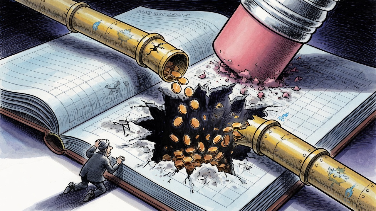 Editorial cartoon of a budget ledger with a gas-royalty hole erased through it