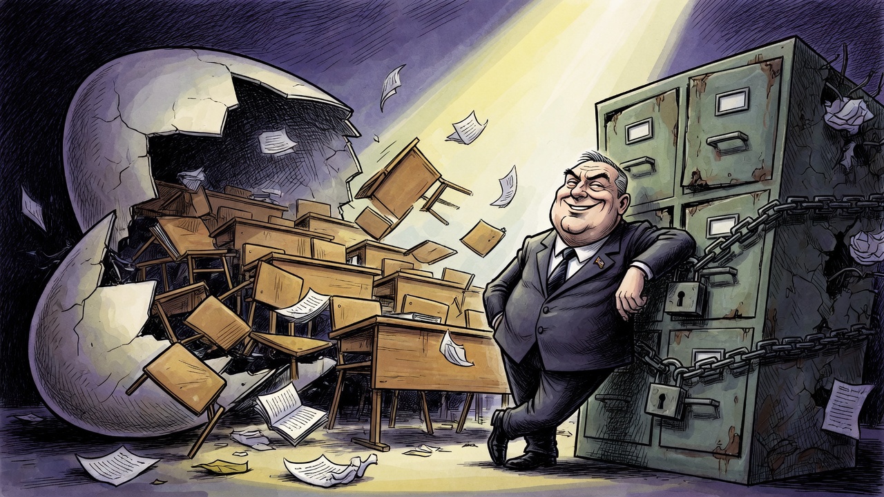 Editorial cartoon of a collapsing college classroom being pulled into a locked government filing cabinet
