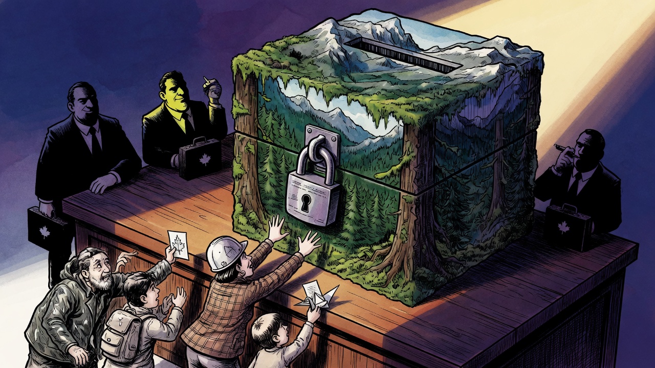 Editorial cartoon of a locked British Columbia public-land ballot box behind a cabinet table as citizens wait outside