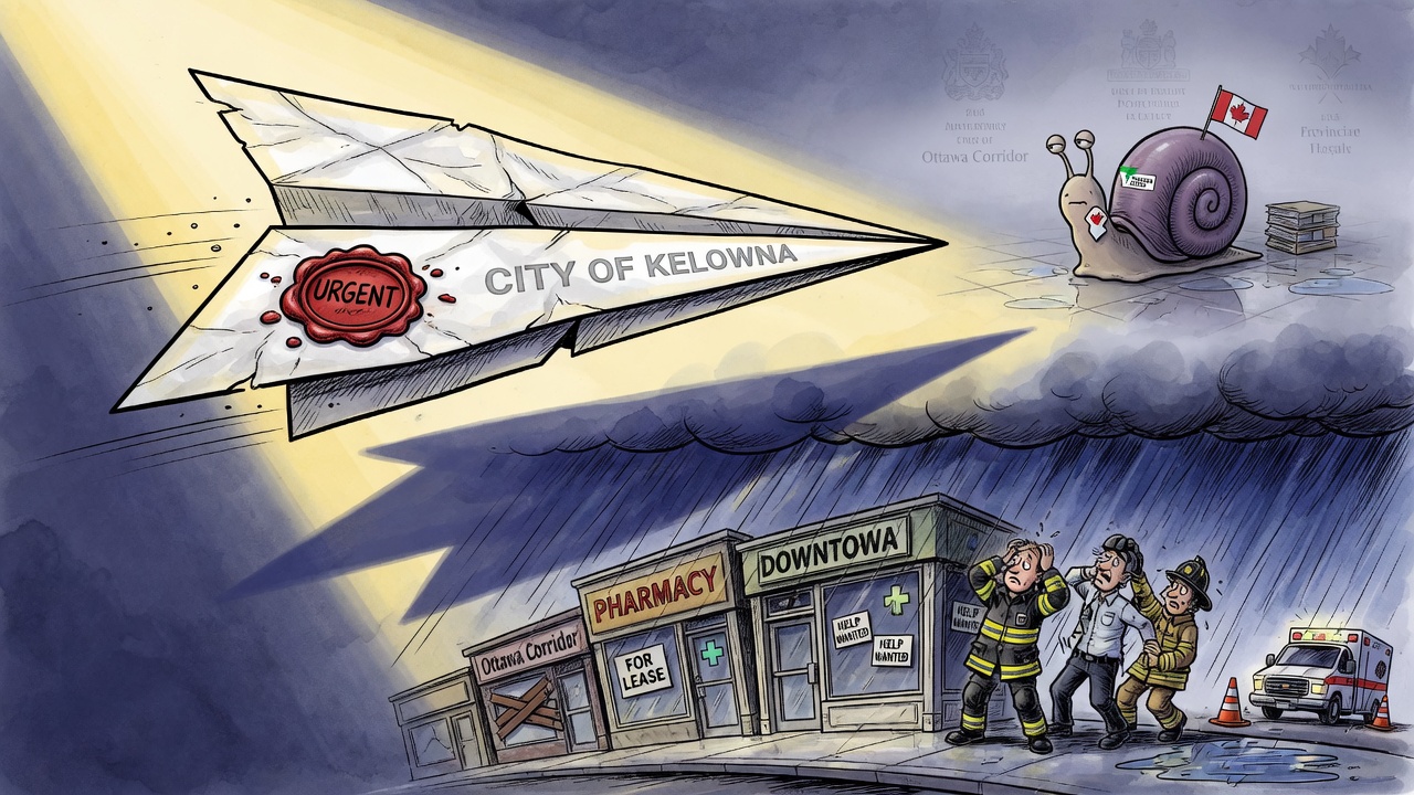 Editorial cartoon of Kelowna city hall routing an urgent letter past stalled provincial health bureaucracy toward Ottawa