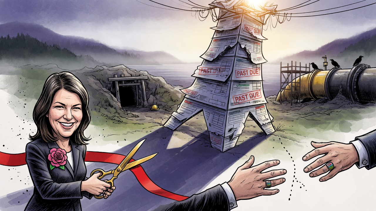 Editorial cartoon of a premier cutting a ribbon on a giant North Coast transmission tower shaped like an unpaid bill