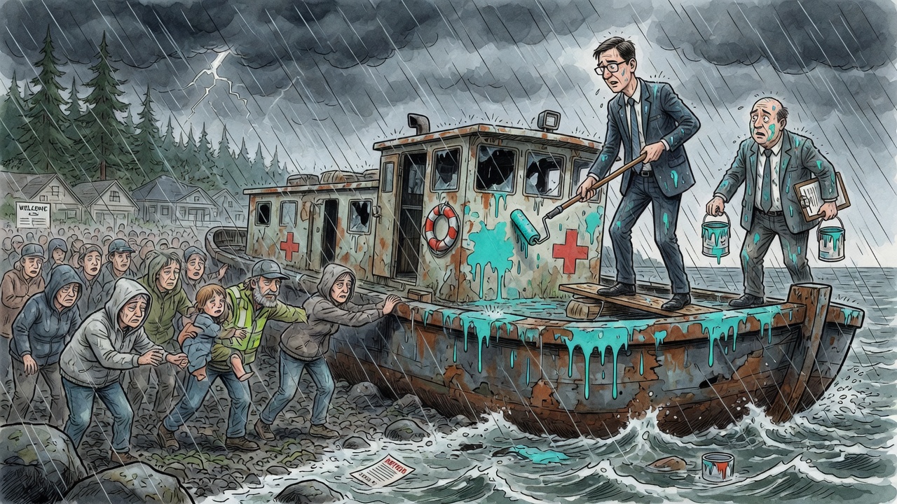 Editorial cartoon of Nanaimo residents pushing a troubled government housing barge toward a recovery lifeboat