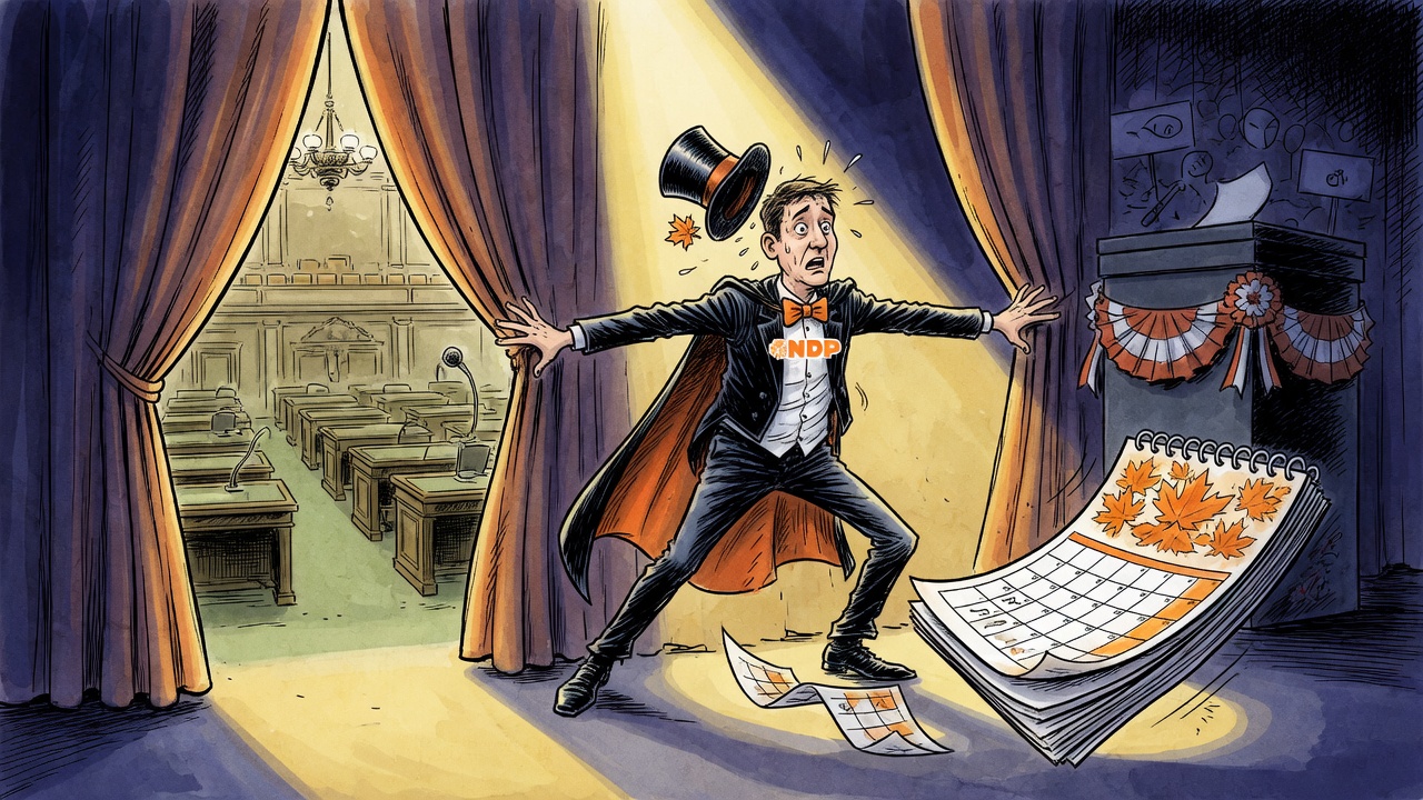 Editorial cartoon of David Eby as a magician blocking curtains between the Legislature and an election ballot box