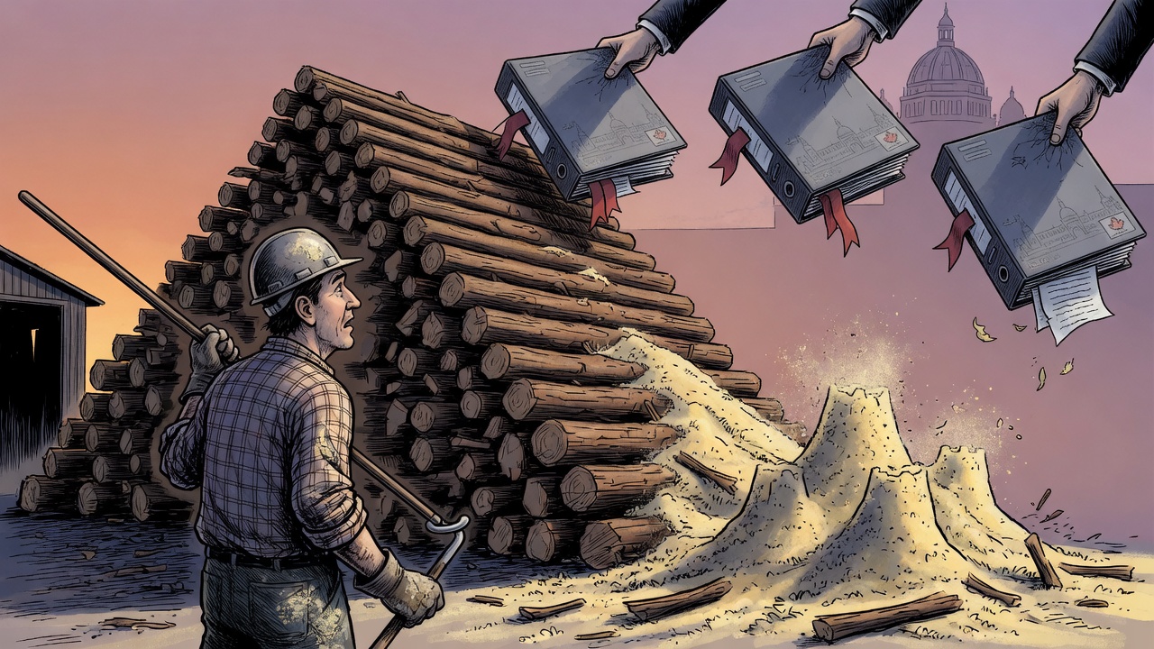 Editorial cartoon of a northern sawmill worker watching a shrinking log pile weighed down by policy binders from Victoria
