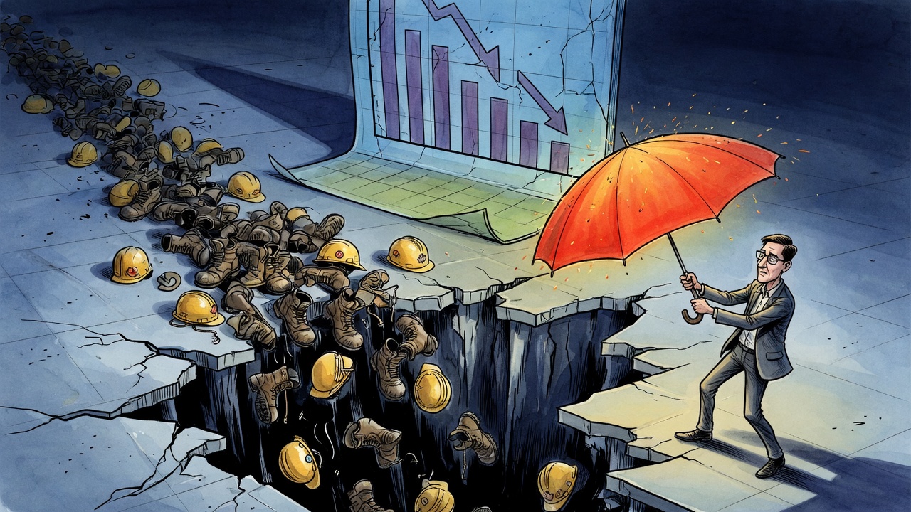 Editorial cartoon of a politician under a resilience umbrella while work boots and hard hats fall through a cracked factory floor