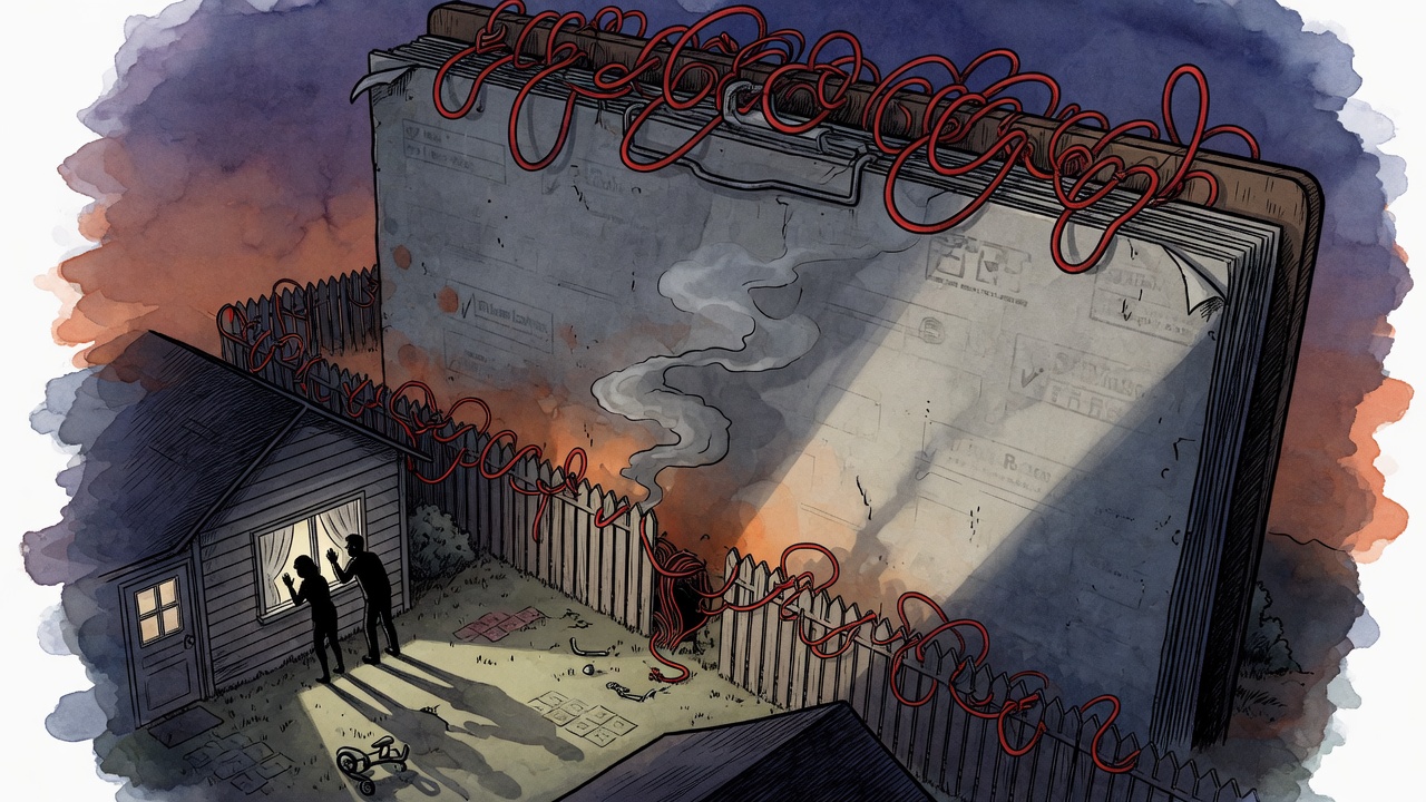 Wordless editorial cartoon of a Chilliwack backyard overshadowed by a giant bureaucratic wall and red tape as smoke curls beyond a fence