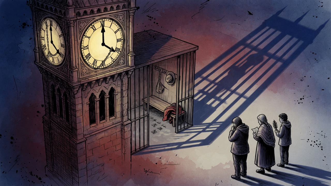 Editorial cartoon of a courthouse clock casting a long shadow over an empty jail cell bench
