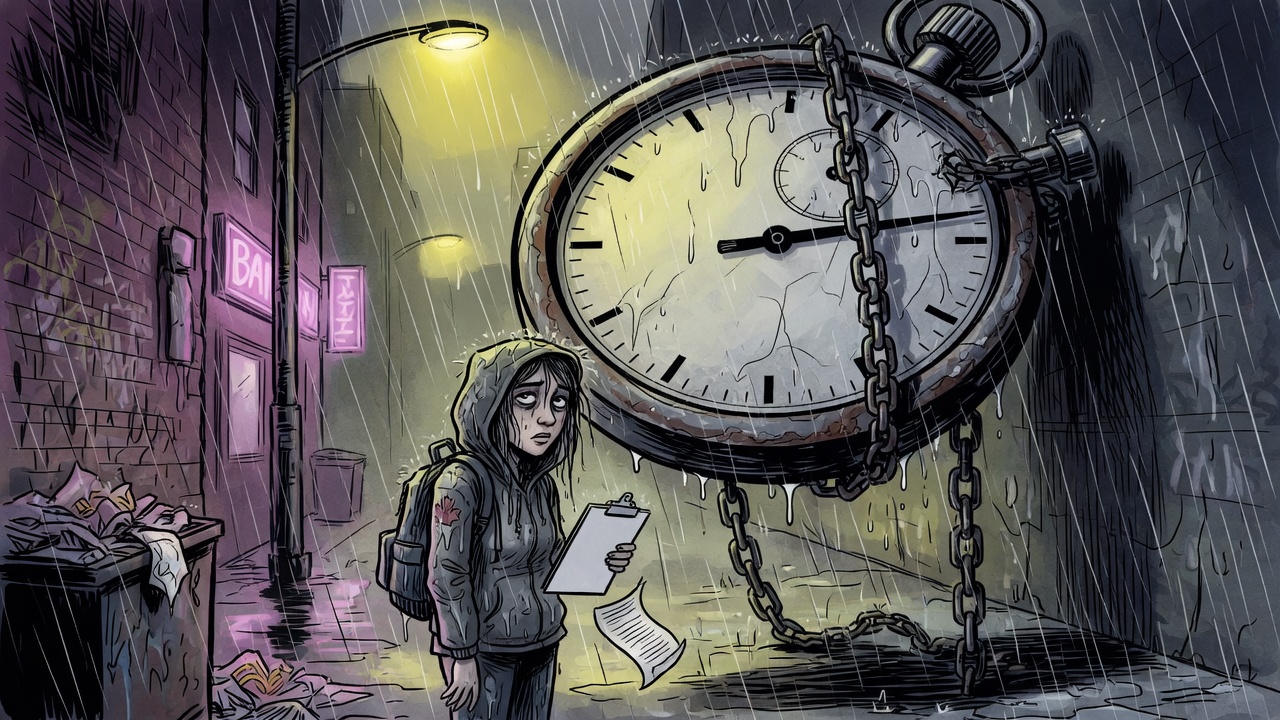 Editorial cartoon of a giant stopwatch chained over a rain-soaked Downtown Eastside alley