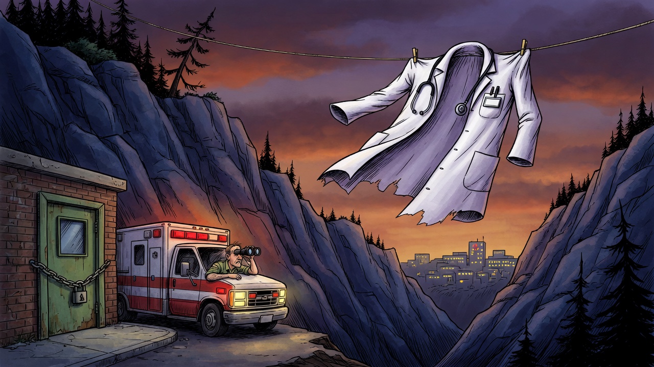Editorial cartoon of a rural ambulance facing a long mountain detour from a dark hospital doorway toward a distant city hospital