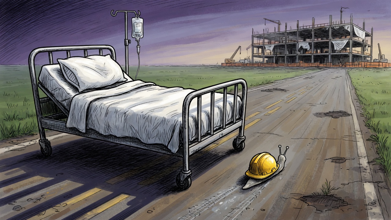Editorial cartoon of an oversized hospital bed inching slowly like a snail toward an unfinished care facility