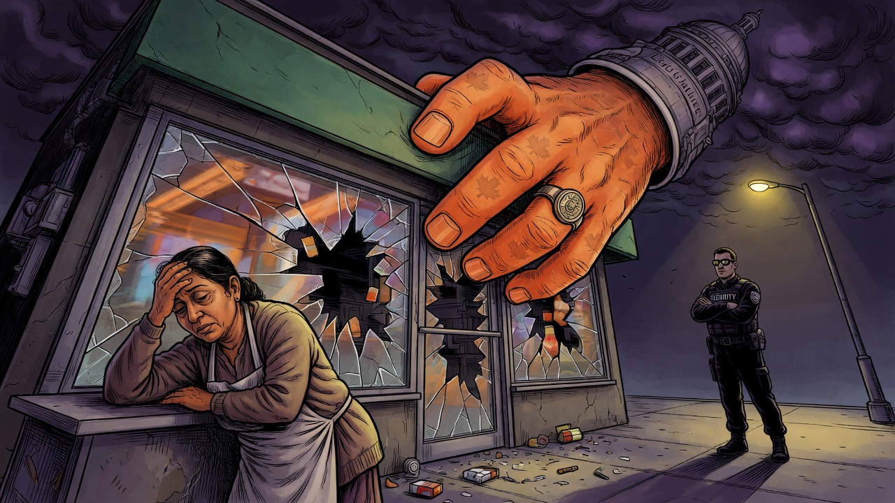 Editorial cartoon of a small shop squeezed by a giant tax hand while a security guard stands outside shattered glass