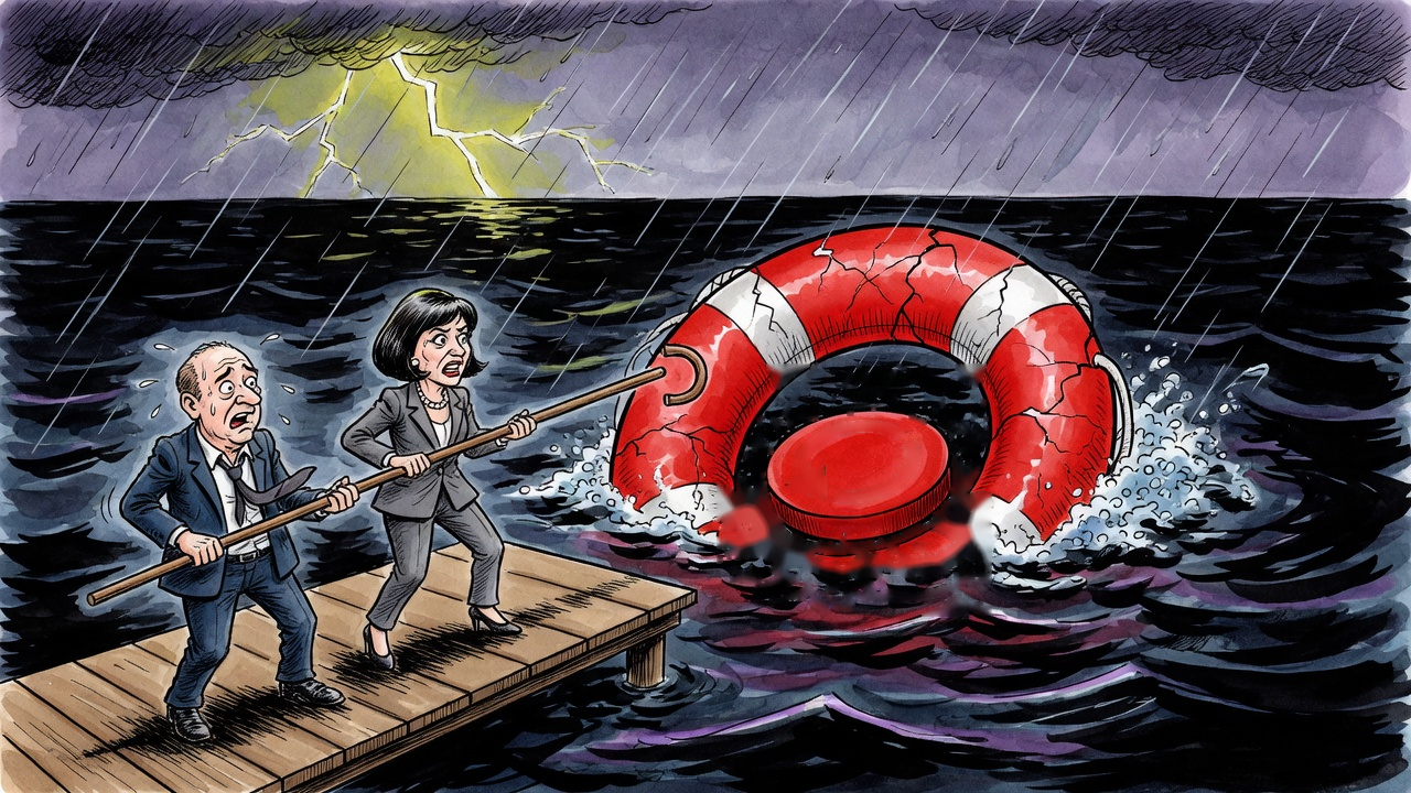 Editorial cartoon of suited politicians trying to press a sinking reset-button life preserver from a distant dock