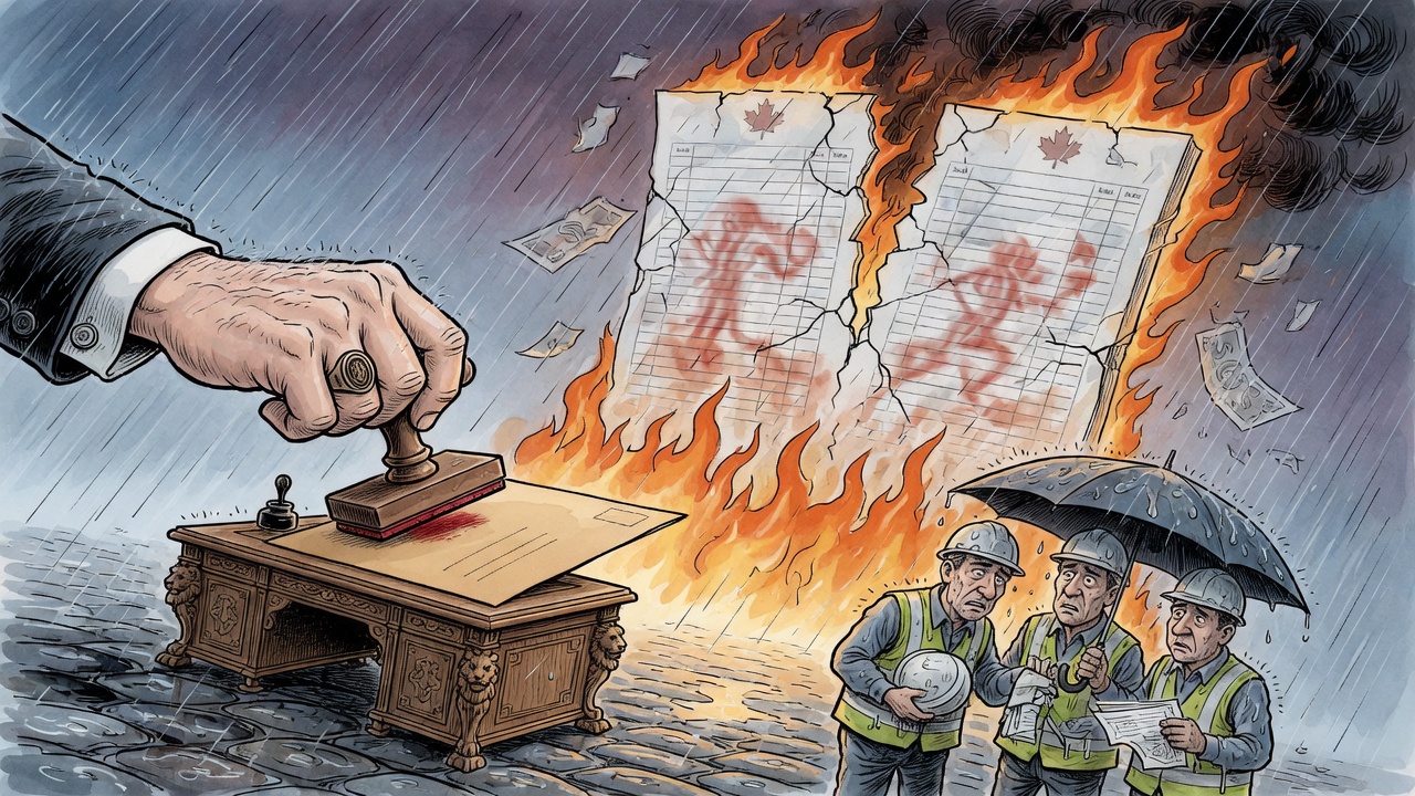 Editorial cartoon of city politicians stamping paperwork while a giant public ledger burns behind them in a storm