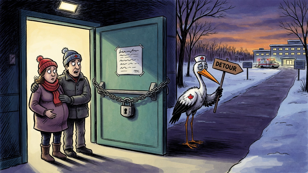 Editorial cartoon of expectant parents stopped at a locked maternity entrance while a detour points toward a distant hospital