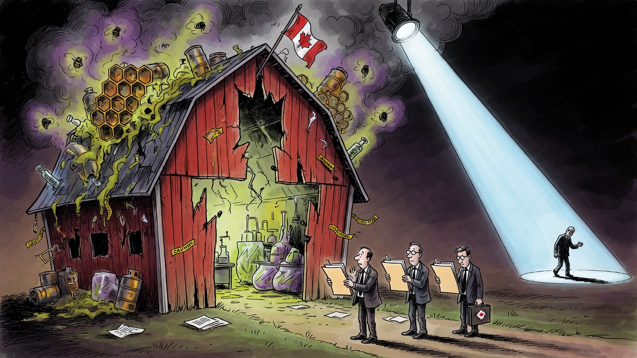 Editorial cartoon of a toxic rural superlab cracked open under a courtroom spotlight while officials hold empty accountability folders