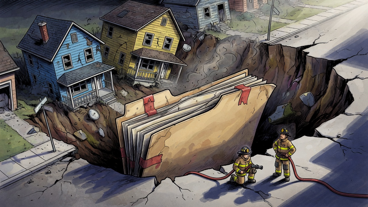 Editorial cartoon of empty homes sinking into cracked ground while firefighters wait at a broken edge